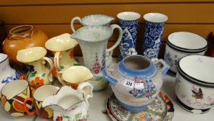 A parcel of mixed china including Crown Ducal two-handled vase, a pair of Decoro pottery flower