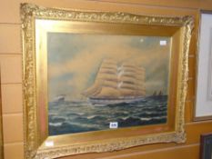 Nineteenth century gilt framed watercolour of a three masted ship at sea, indistinctly signed, 35.