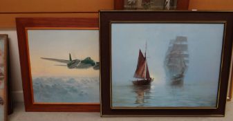 Two modern prints on board, de Havilland mosquito and masted sailing ship Condition reports provided