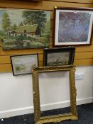 A BELL oil on canvas - figure outside Anne Hathaway's thatched house in Stratford together with a