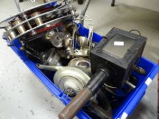 Crate of various metalware including EPNS teaset, carriage lamp, chapel communion carrying tray