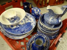 Crate containing various patterned blue & white china including planters, bowls ETC Condition