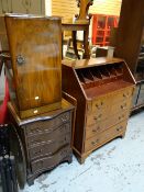 A parcel of furniture including serpentine reproduction chest, bureau, brass benares table ETC