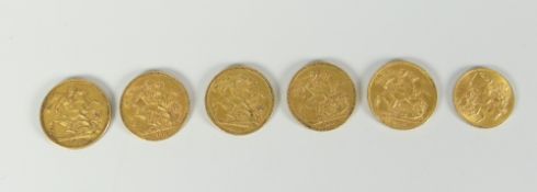 Five gold full sovereigns for 1874, 1891, 1891, 1898,1899 and a half gold sovereign for 1914