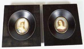 Pair of hand painted oval portrait miniatures depicting young females in period dress within