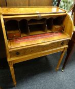A reproduction inlaid burr-effect drum-table with base drawer on reeded supports, 102cms h x 76cms l