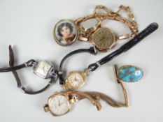 Four gold / yellow metal encased vintage ladies wristwatches, a white metal similar, a portrait