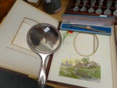 Victorian brass clasp photograph album, a vintage ladies watch and a silver backed mirror (mirror