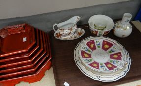 Wooden Chinese lacquered stacking bowls together with a small parcel of china Condition reports