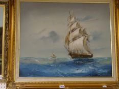 T WHITE oil on canvas - twinmaster in rough seas, signed, 50 x 60 cms in good modern frame