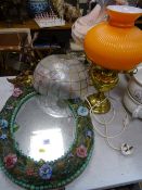 Probably Venetian glass decorated oval mirror, vintage ceiling light shade, two decorative table