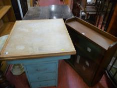 Stripped wood and blue painted draw leaf table, twin glazed sliding door bookcase and two side