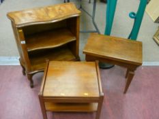 Reproduction walnut effect serpentine topped open two shelf bookcase, teak coffee table and an