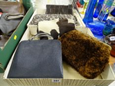 Faux fur muff, three vintage animal skin bags and one other