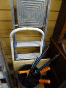 Metal stepladder and a smaller white stepladder, folding wooden table, occasional table/stool,