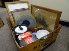 Quantity of framed group photographs, selection of crockery and glassware, playing cards etc