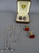 Pair of hallmarked silver gent's cufflinks and one other gold on silver set with cornelian insets
