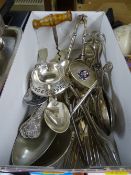 Loose quantity of EP cutlery, vintage wooden handled corkscrew, an EPNS pill box with 'RMS Tunisian'