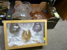 Box of pink glass fruit bowls and other glassware and a box of brandy glasses