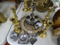 Horn beaker, two pairs of brass candlesticks and a quantity of plated and pewter metalware etc