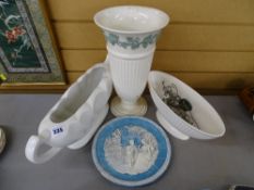 Large Wedgwood embossed Queen's ware vase, two pottery planters and a relief moulded plate