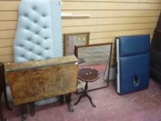 Vintage drop leaf table, small tripod wine table, upholstered headboard, mirror and one other and