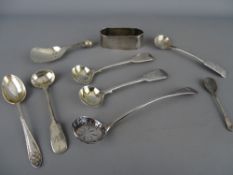 Silver caddy spoon, napkin ring and seven other various hallmarked spoons