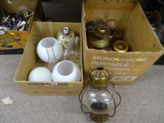 Quantity of vintage lamps, globular shades and funnels