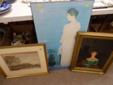 Framed watercolour of a castle ruin and two further pictures and prints