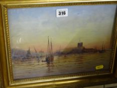 D R? MOYLE oil on board - seascape with boats and ruined tower, signed, 22 x 30 cms