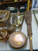 Mixture of brass and copperware, long handled warming pan and a rustic broom