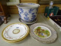Three Minton gilt highlighted wall plates and one other and a pottery 'India Jane' jardiniere and