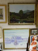 WILLIAM OWEN oil on board - Conwy Castle Suspension Bridge and boats in the river, signed, 45 x 60