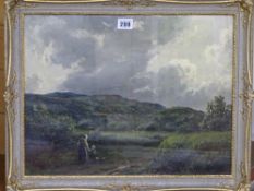 JOSEPH KNIGHT oil on canvas - rural scene with mother and child on a track, signed and dated 1879,
