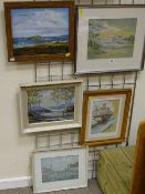 Watercolour - river scene, initialled 'H R' and four other miscellaneous works