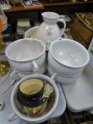 Quantity of Victorian chamber pots, a non-matching wash jug and bowl etc