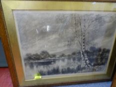 W MEREDITH large oak framed print - man in a boat with silver birch trees to the foreground