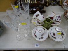 Floral decorated Newtown bone china part tea service, six glass Champagne flutes and a Sylvac jug
