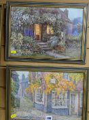 Pair of coloured prints - cottage scene with figure in lit room and street scene with figure