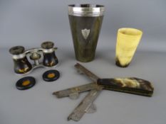 Horn handled veterinary fleam, the blade stamped 'W Broadhurst', a large horn and silver beaker (