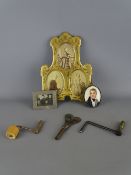 Victorian gilt brass triple photo frame and one other, three vintage clock keys and an oval