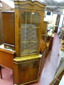 Yew veneered glazed top corner cupboard