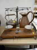 Copper water jug, copper kettle and a pair of vintage scales