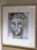 Mixed media on paper - face portrait from the Mabinogion, indistinctly signed, 35 x 30 cms