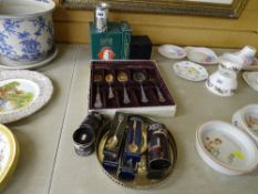 Boxed English pewter child's toothbrush holder, a hip flask, a sample display box of EP cutlery, a