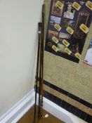 P D McAllock, Perth made vintage split cane fishing rod and a long stick