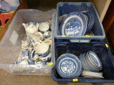 Three tubs of blue and white dinnerware including Ironstone tea bowls etc