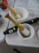 Vintage rolling pin and two stoneware pestle and mortars