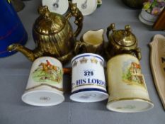 Three pottery tankards and a Price Brothers acorn shaped three piece gilded teaset with squirrel