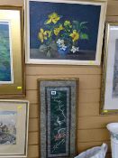 Framed Oriental silkwork panel - exotic birds and blossom, 62 x 25 cms and H H oil on board -